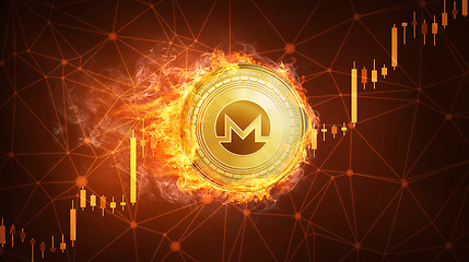 Image showing Monero coin in fire with bull stock chart.