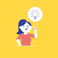 Image showing Young business woman pointing at idea lightbulb.