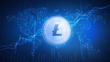 Image showing Litecoin coin on hud background with bull stock chart.