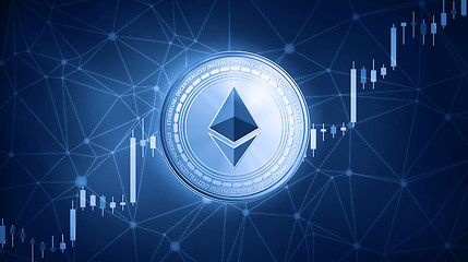 Image showing Ethereum coin on hud background with bull stock chart.