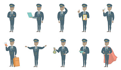 Image showing African airplane pilot vector illustrations set.