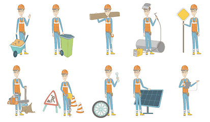 Image showing Young caucasian builder vector illustrations set.