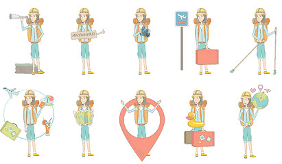 Image showing Young caucasian traveler vector illustrations set.