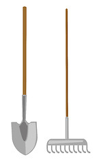 Image showing Shovel and rake vector cartoon illustration.