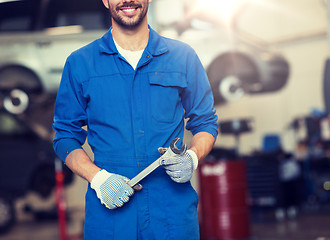 Image showing auto mechanic or smith with wrench at car workshop