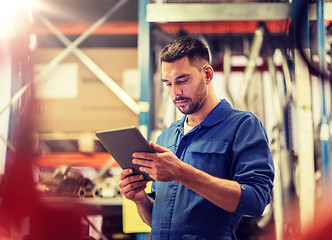 Image showing auto mechanic or smith with tablet pc at workshop