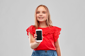 Image showing beautiful smiling girl showing smartphone