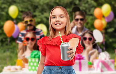 Image showing smiling girl with can drink at birthday party