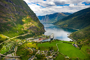 Image showing Aurlandsfjord Town Of Flam at dawn.