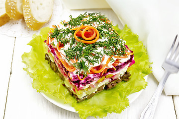 Image showing Salad with beef and vegetables on table