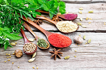 Image showing Spices in spoons on wooden board