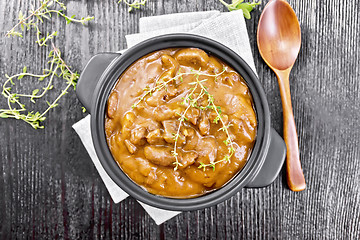 Image showing Goulash of beef in pan on black board top