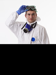 Image showing Doctor wearing protective biological suit and mask due to corona