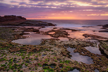 Image showing Coastal dawn skies at low tide exposing the rocky reef