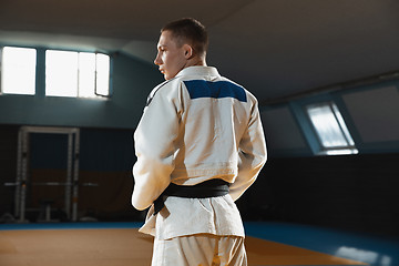 Image showing Young judo fighter in kimono posing comfident in the gym, strong and healthy