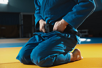 Image showing Young judo fighter in kimono posing comfident in the gym, strong and healthy