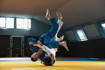 Image showing Two young judo fighters in kimono training martial arts in the gym with expression, in action and motion