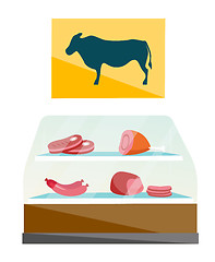 Image showing Showcase of butcher shop with meat vector cartoon.