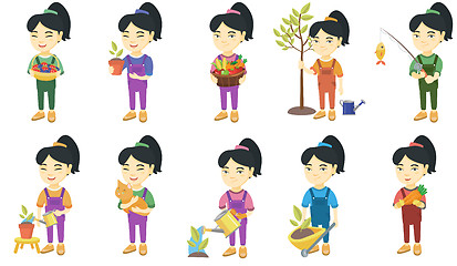 Image showing Little asian girl vector illustrations set.