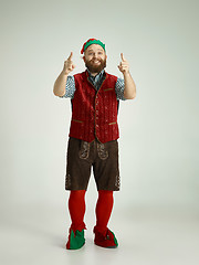 Image showing friendly man dressed like a funny gnome posing on an isolated gray background