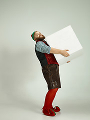 Image showing friendly man dressed like a funny gnome posing on an isolated gray background