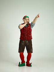 Image showing friendly man dressed like a funny gnome posing on an isolated gray background