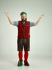 Image showing friendly man dressed like a funny gnome posing on an isolated gray background