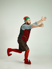 Image showing friendly man dressed like a funny gnome posing on an isolated gray background