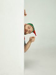 Image showing friendly man dressed like a funny gnome posing on an isolated gray background