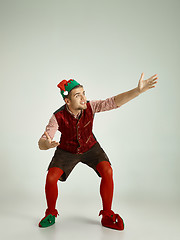 Image showing friendly man dressed like a funny gnome posing on an isolated gray background