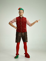 Image showing friendly man dressed like a funny gnome posing on an isolated gray background