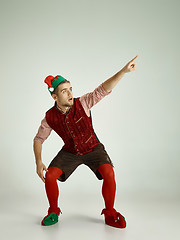 Image showing friendly man dressed like a funny gnome posing on an isolated gray background