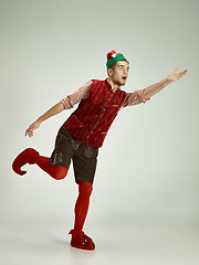 Image showing friendly man dressed like a funny gnome posing on an isolated gray background