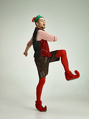 Image showing friendly man dressed like a funny gnome posing on an isolated gray background