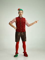 Image showing friendly man dressed like a funny gnome posing on an isolated gray background