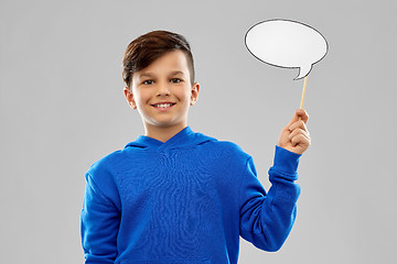 Image showing smiling boy in blue hoodie with speech bubble