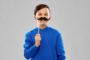 Image showing smiling boy in blue hoodie with black moustaches