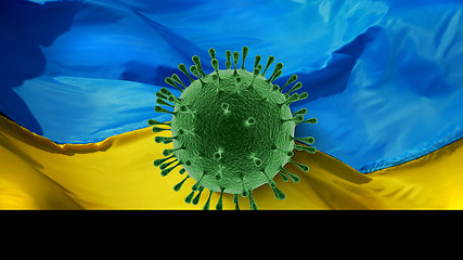 Image showing Model of Coronavirus on the background of Ukrainian flag.