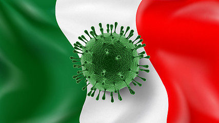 Image showing Coronavirus molecule on the background of Italian flag.