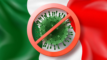 Image showing Warning sign with crossed out Coronavirus molecule on the background of Italian flag.