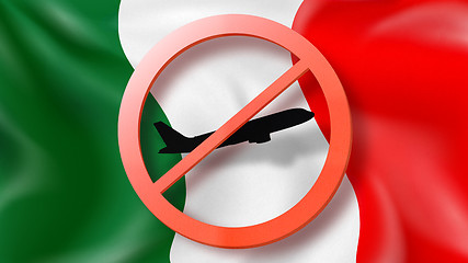 Image showing Warning sign with crossed out plane on a background of Italian flag.