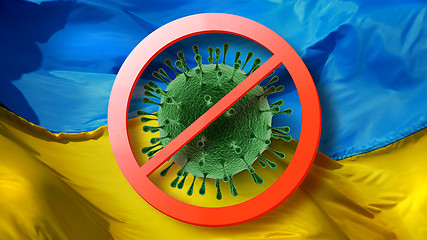 Image showing Forbidden sign with crossed out plane on the background of Ukrainian flag.