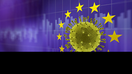 Image showing Molecule of Coronavirus in the center of EU symbol on the background of stock market graphs.