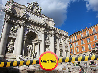 Image showing Warning sign with of quarantine on a police ribbon on the background of Rome Trevi Fountain in Rome, Italy.