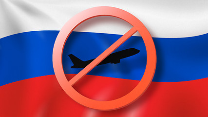 Image showing Forbbiden sign with crossed out plane on the background of Russian flag.