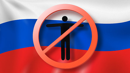 Image showing Warning sign with crossed out man on a background Russian flag.