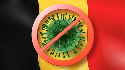 Image showing Forbbiden sign with crossed out Coronavirus bacteria on the background of Belgian flag.