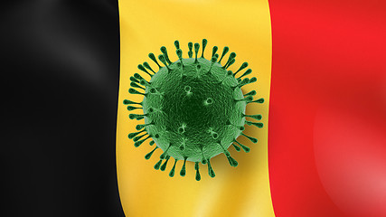 Image showing Coronavirus Model on the background of Belgian flag.