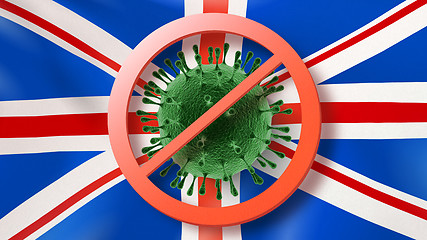 Image showing Warning sign with crossed out Coronavirus bacteria on the background of British flag.