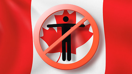 Image showing Fobbiden sign with crossed out man on a background of Canadian flag.